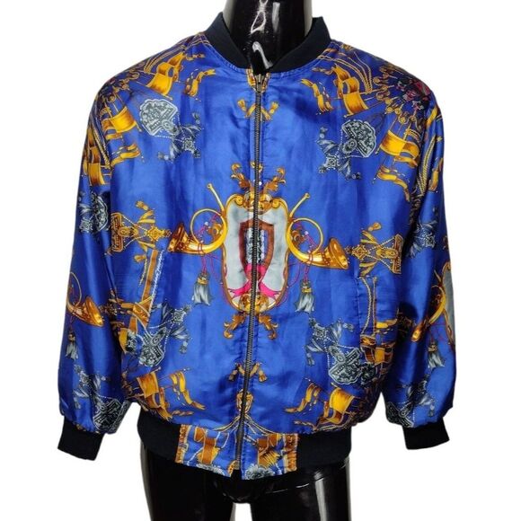 Vintage 80s Baroque Rococo Satin Bomber Jacket Quilted Lining Unisex Adult OSFM - Picture 2 of 12